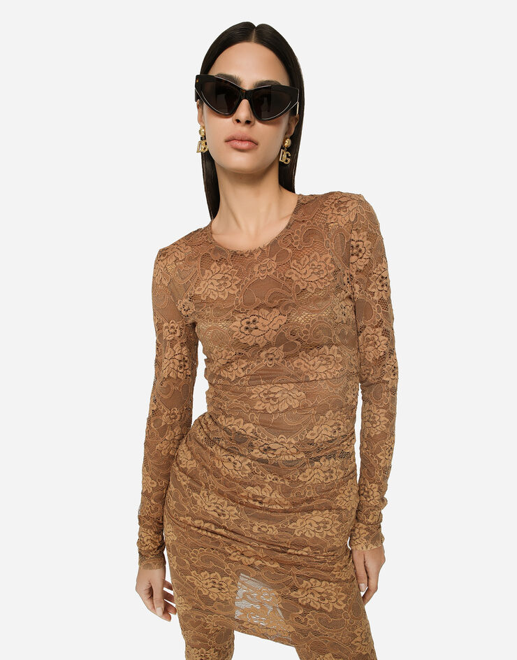 Short floral lace dress in Beige for Women | Dolce&Gabbana®