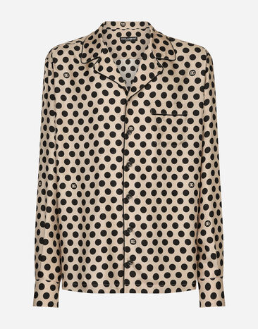 Dolce & Gabbana Silk shirt with polka-dot print and DG logo Brown G2NZ2TFU5SW