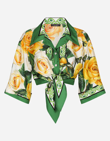 Dolce & Gabbana Short silk shirt with pussy-bow and yellow rose print Print F4BCVTFPTAW