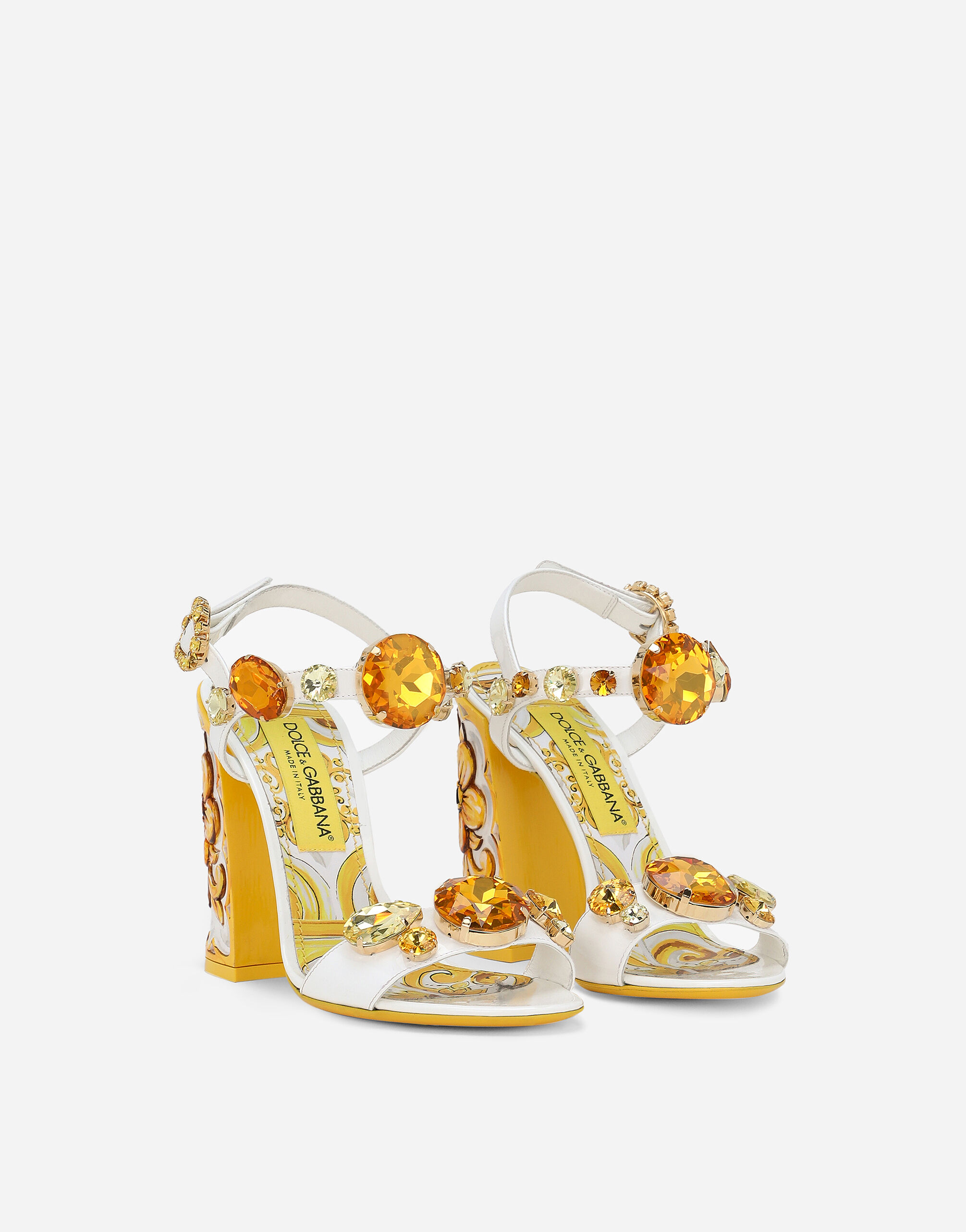 Patent leather sandals with stone embellishment and painted heel