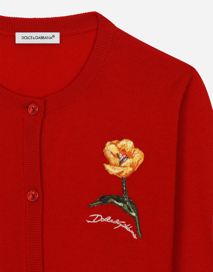 Dolce & Gabbana Strickcardigan mit Blume und Dolce&Gabbana-Logo Rot L5KWH6JCVV2