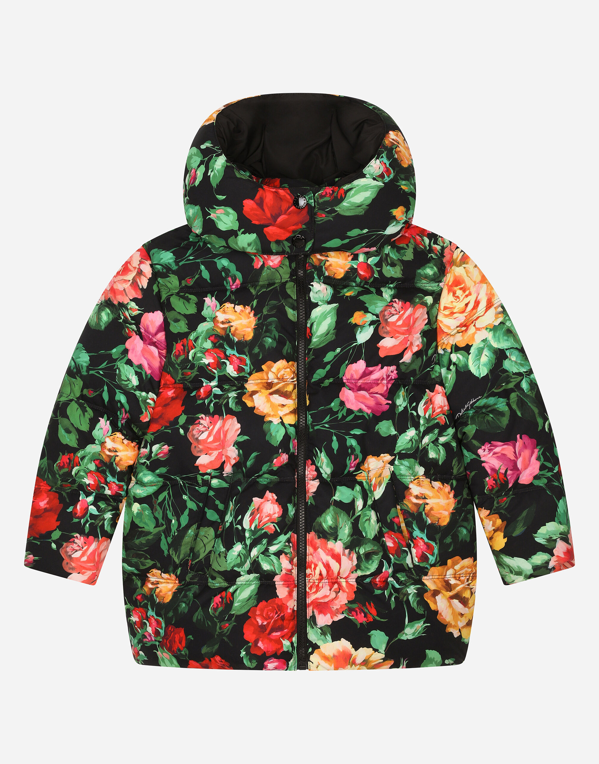 ${brand} Long nylon down jacket with rose print over a black background ${colorDescription} ${masterID}