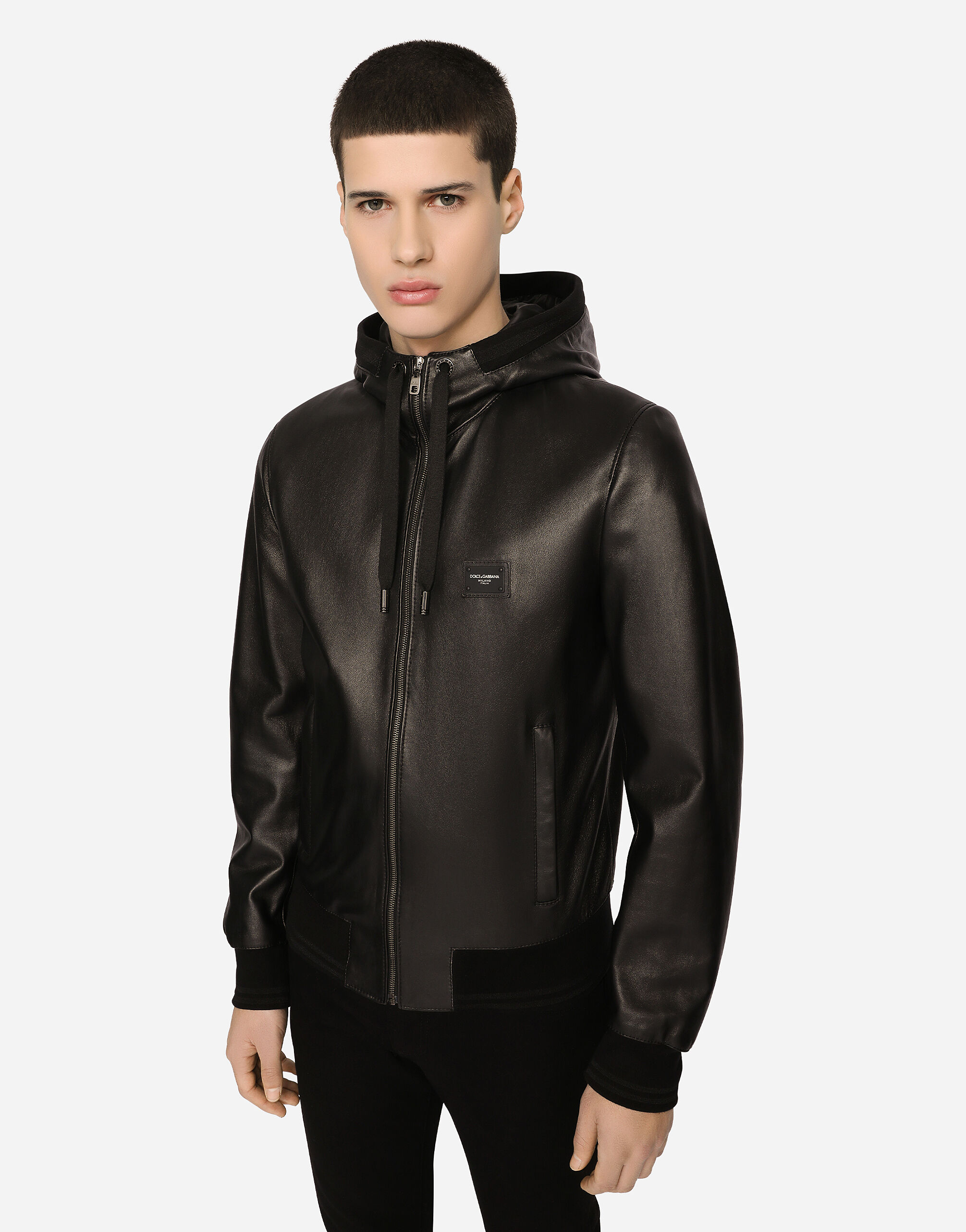 Leather jacket with hood and branded tag in Black for 
