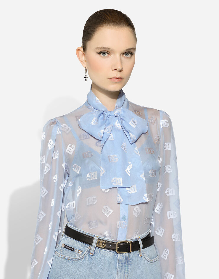 Dolce & Gabbana Dévoré silk shirt with DG logo Azure F5L66TFJTBR