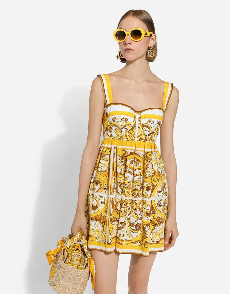 Dolce & Gabbana Kurzes Bustierkleid aus Baumwollpopeline Majolika-Print Drucken F6JDATFI5JJ