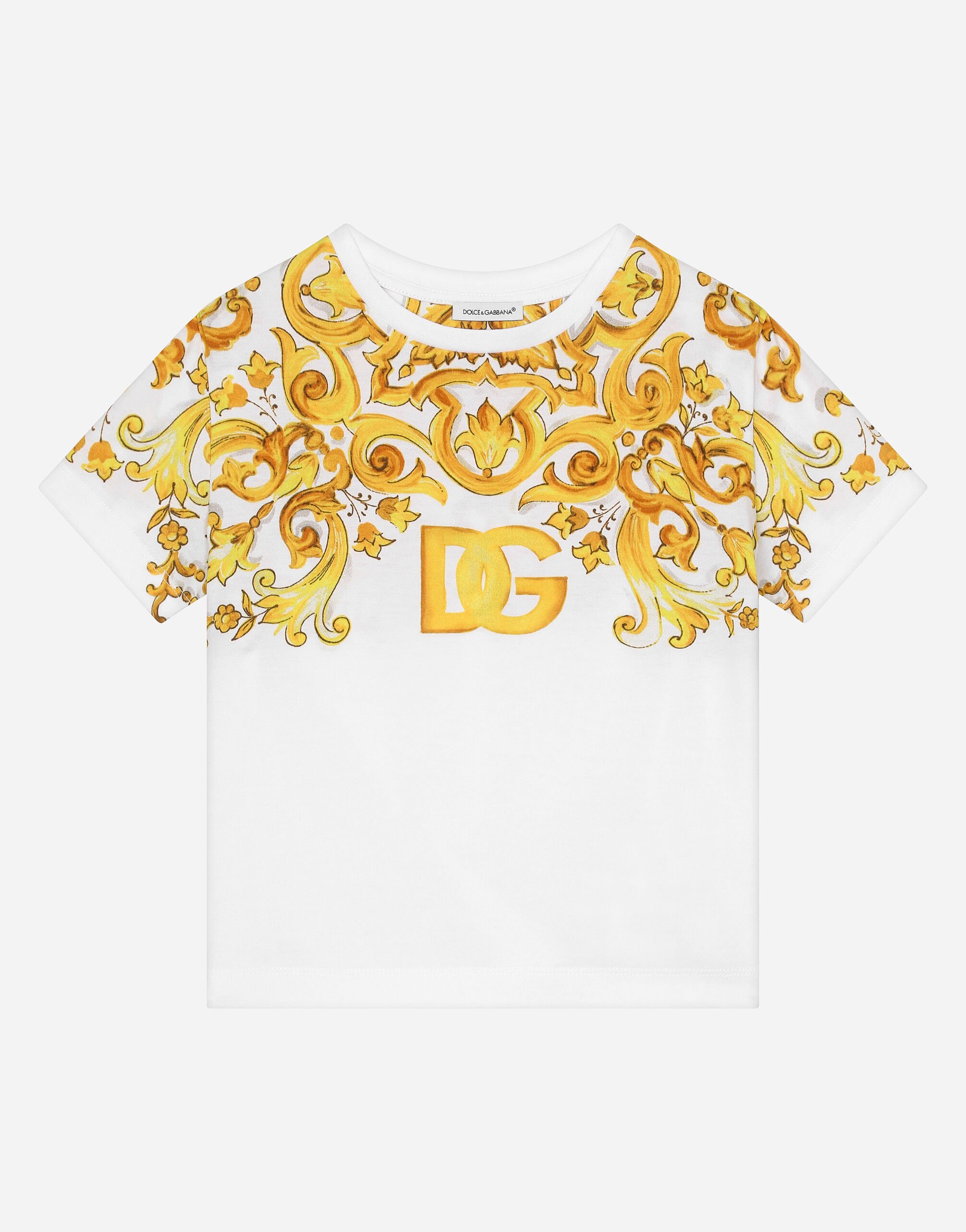 Dolce & Gabbana T-Shirt aus Jersey mit gelbem Majolika-Print und DG-Logo Drucken LB4H48G7E1J