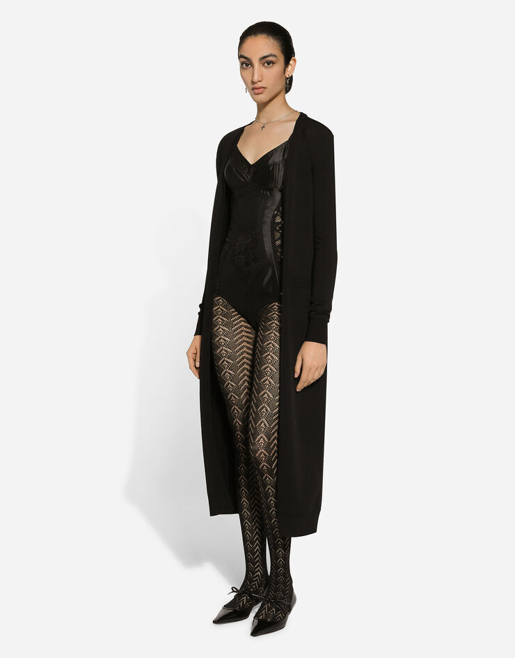 Dolce & Gabbana Long cardigan en maille de viscose stretch à logo DG Noir FXV29TJFMEV