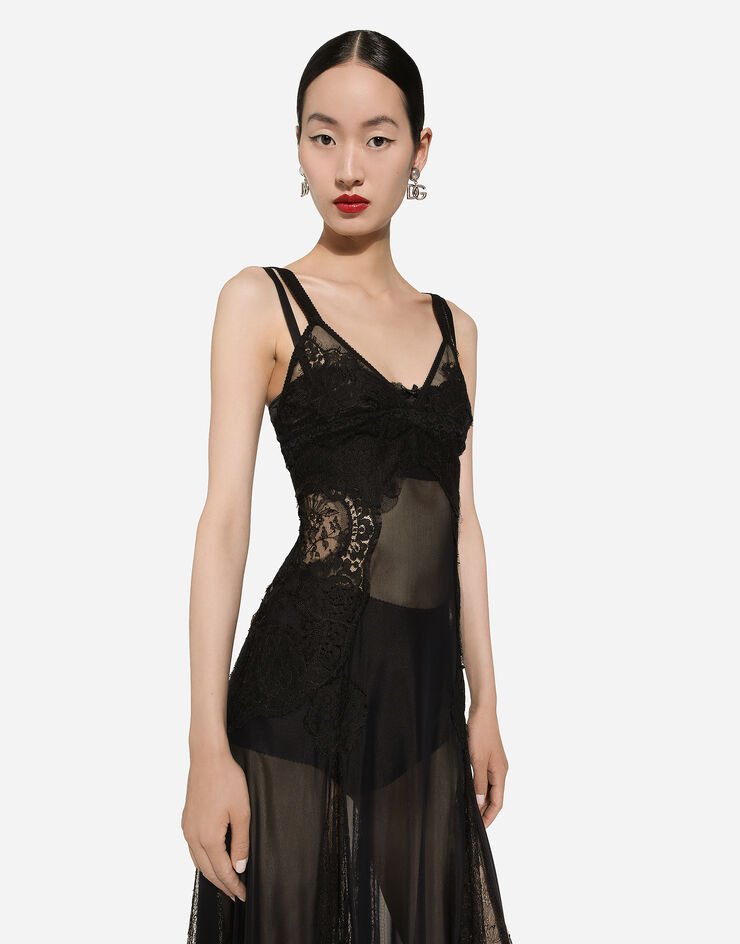Dolce & Gabbana Robe combinette mi-longue en tulle avec des empiècements en dentelle Noir F6HASTFLRC2