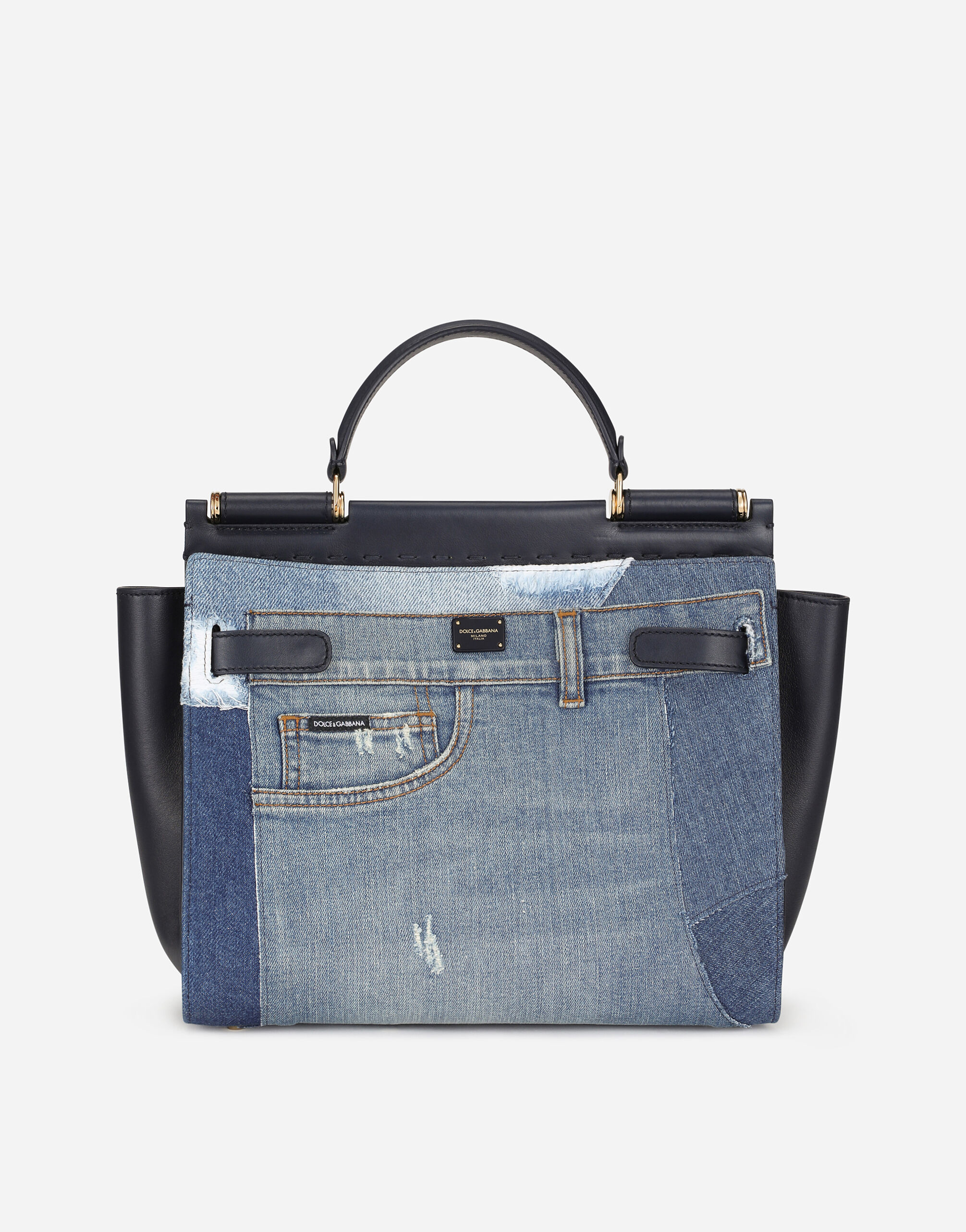 Large Sicily 62 soft bag in patchwork denim and calfskin in Denim