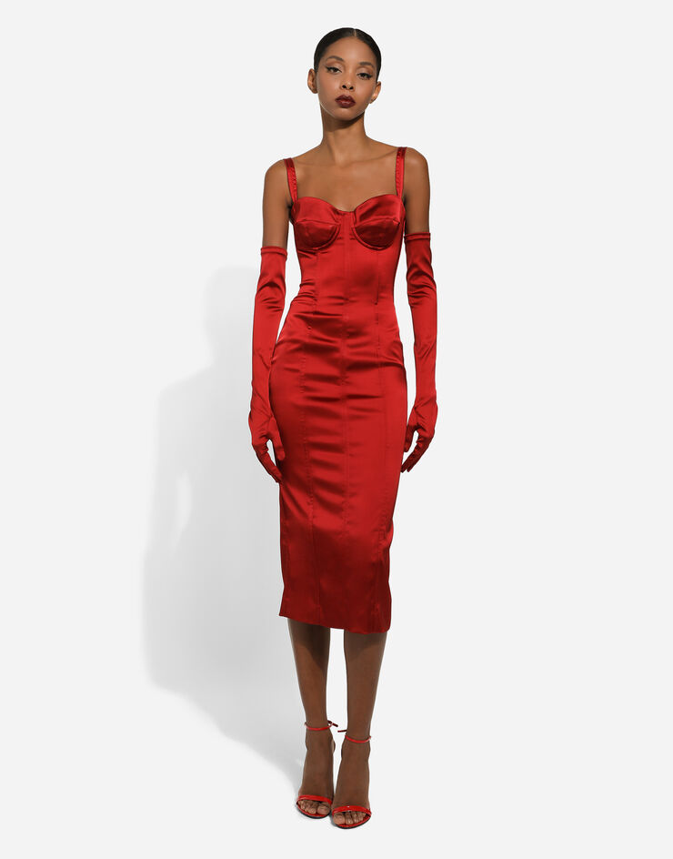 Elegant Red Corset Satin Midi Dress