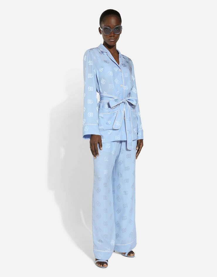 Dolce & Gabbana Long-sleeved silk satin jacquard pajama shirt with DG logo Azure F5I89TFJ1JO