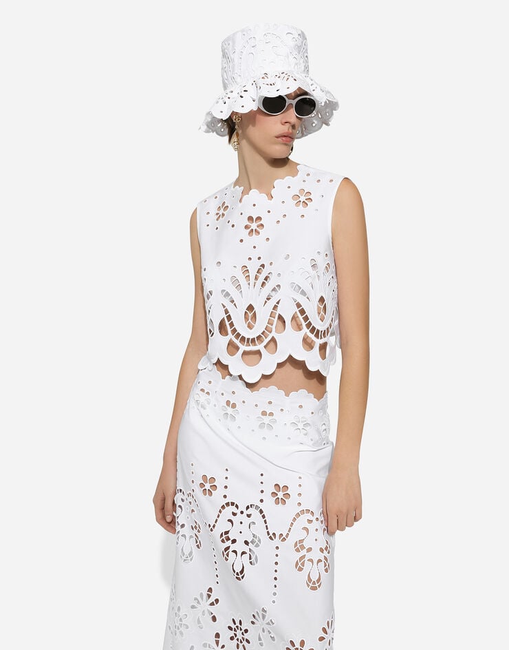 Dolce & Gabbana Top corto de algodón con bordado cut-out Blanco F79FSZGDCJP