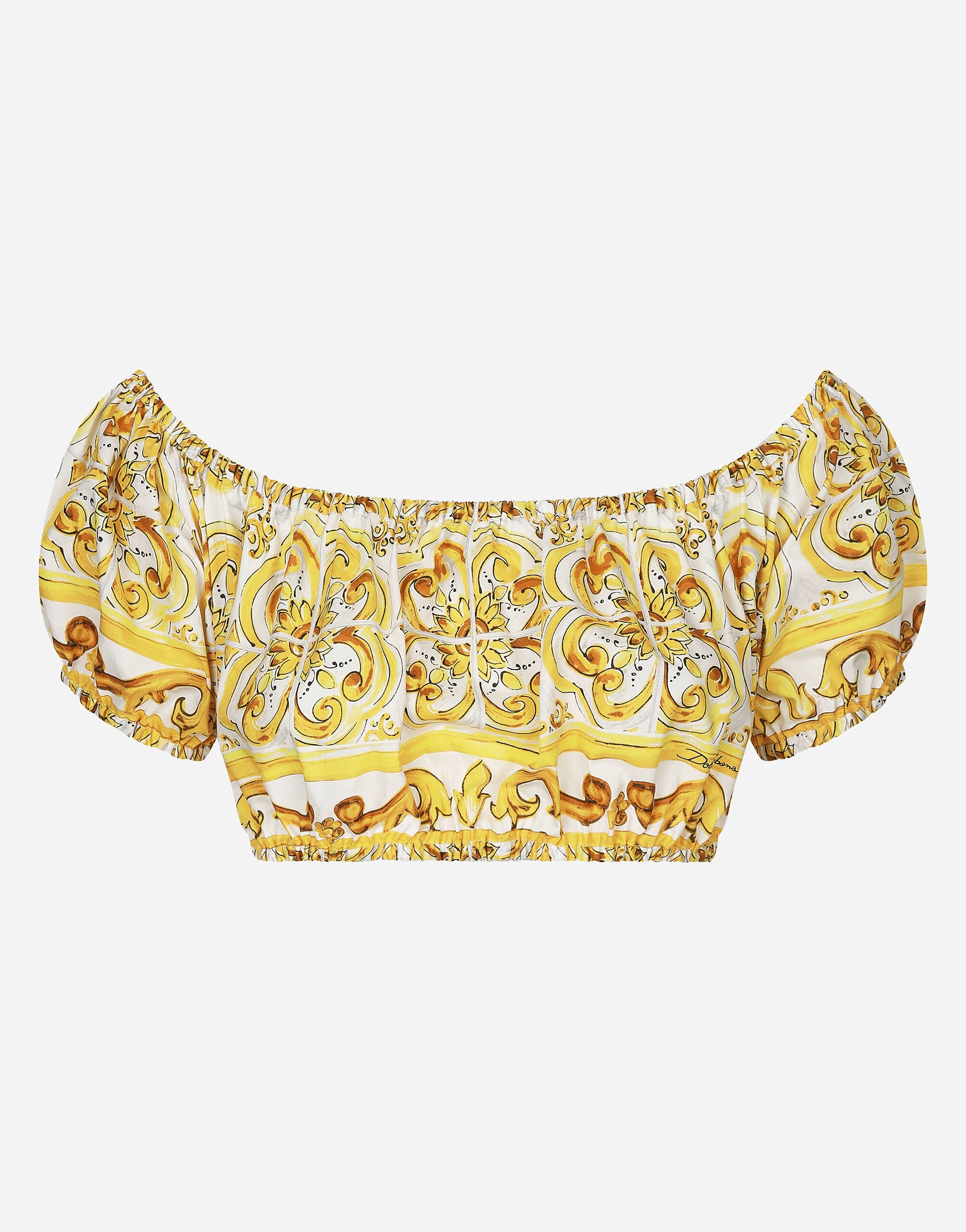 Dolce & Gabbana Cotton poplin crop top with majolica print Print F5S65TFI5JK