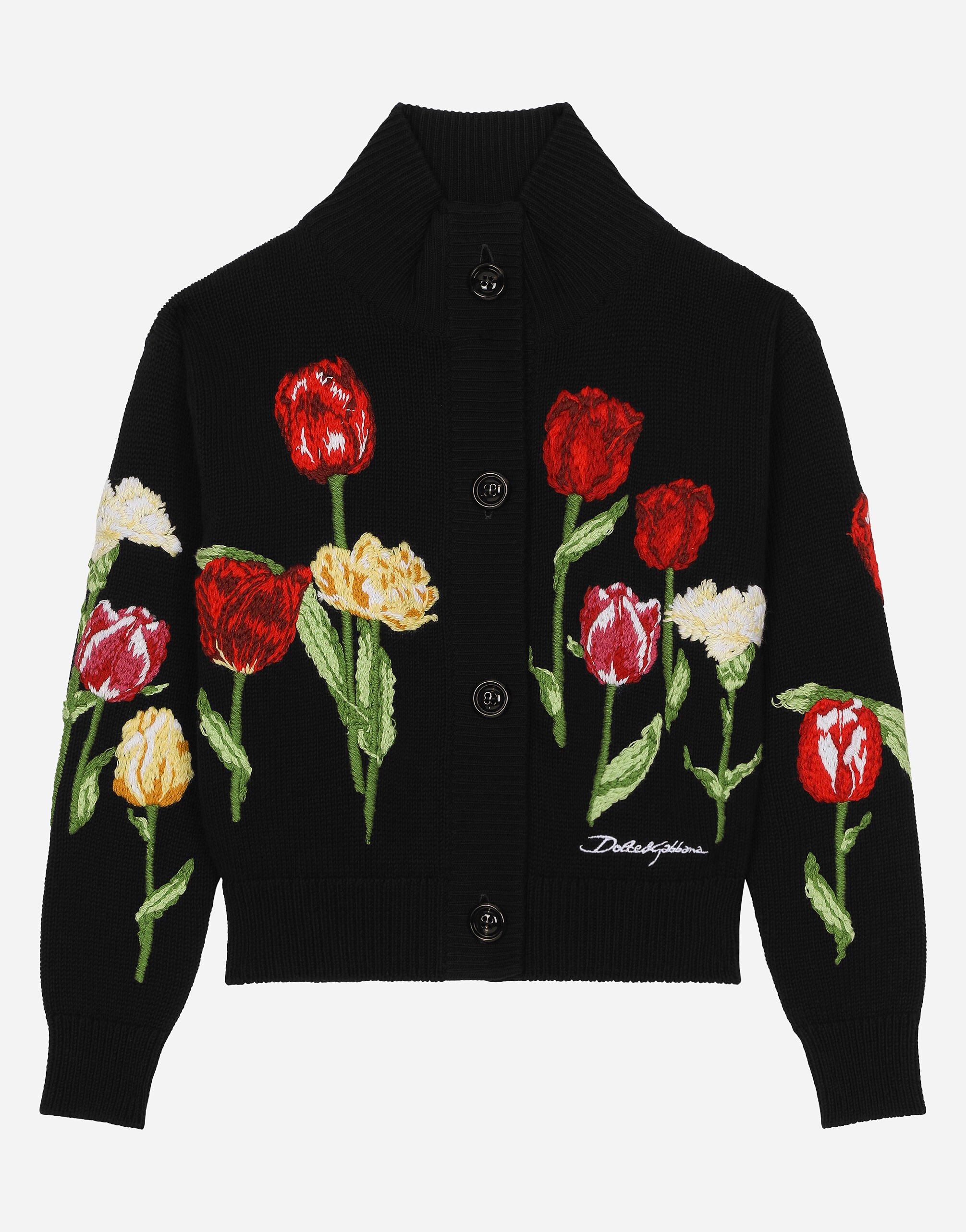 ${brand} Cardigan in maglia con tulipani e logo Dolce&Gabbana ${colorDescription} ${masterID}