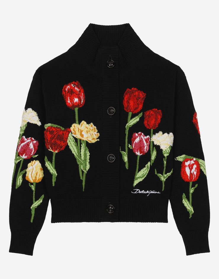 Dolce & Gabbana Strickcardigan mit Tulpen und Dolce&Gabbana-Logo Blau L5KWL2JBCDT