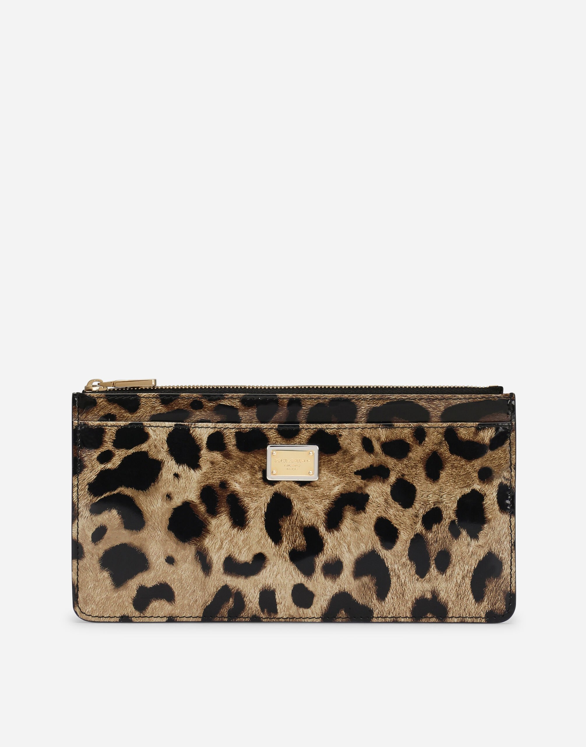 Dolce & Gabbana Large polished calfskin card holder with zipper and leopard print Black BB7475AF984