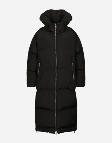 ${brand} Long padded down jacket with branded tag ${colorDescription} ${masterID}