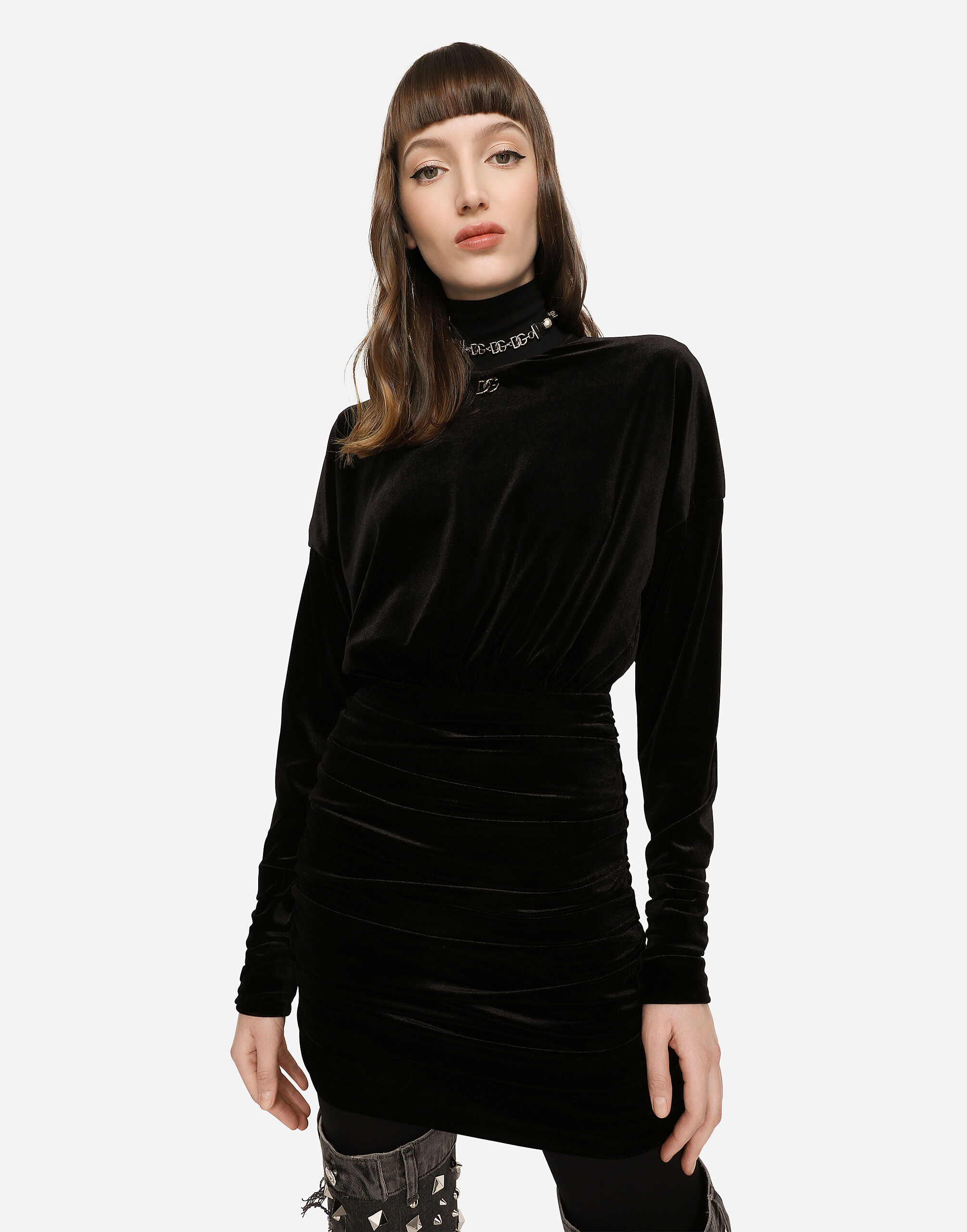 Short draped velvet dress with DG logo