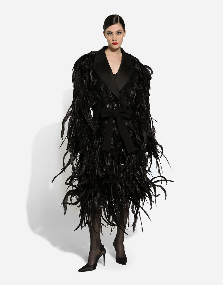 Dolce & Gabbana Wool gabardine coat with all-over rooster feather embellishment Black F0W2GZGDCRQ