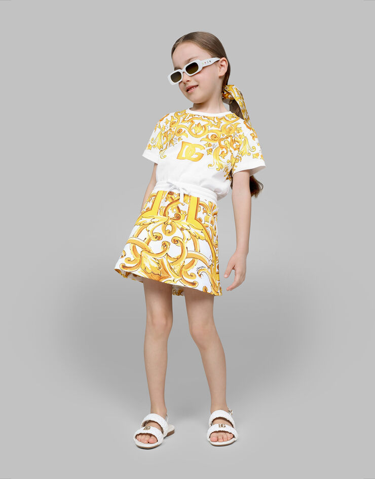 Dolce & Gabbana T-Shirt aus Jersey mit gelbem Majolika-Print und DG-Logo Drucken L5JTNKII7DS