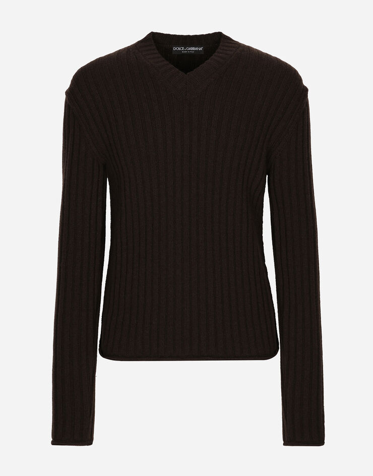 Dolce & Gabbana Ribbed wool V-neck sweater Brown GXY26TJCVX3