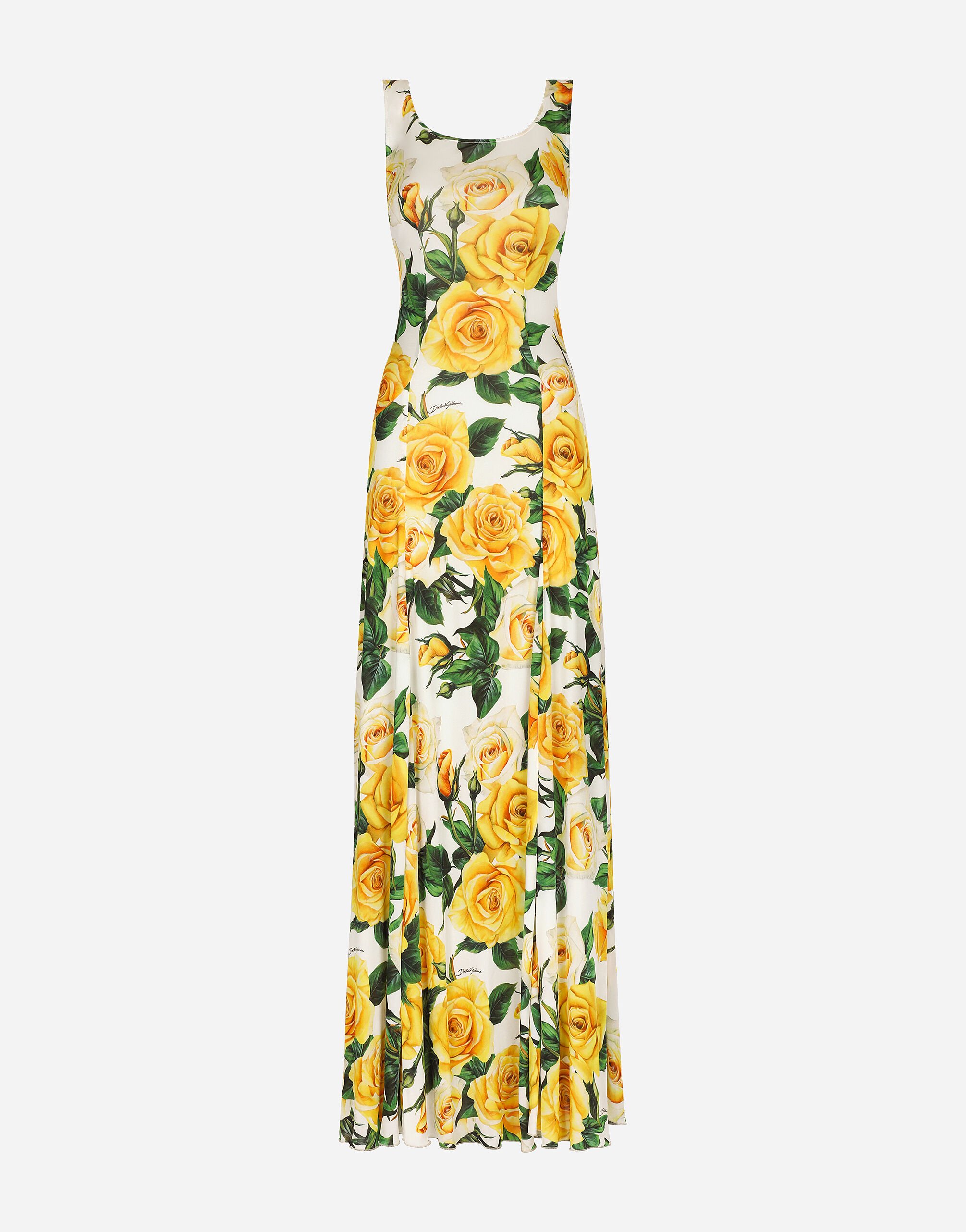 Dolce & Gabbana Long organzine round-neck dress with yellow rose print Print F6DAOTFS8C3