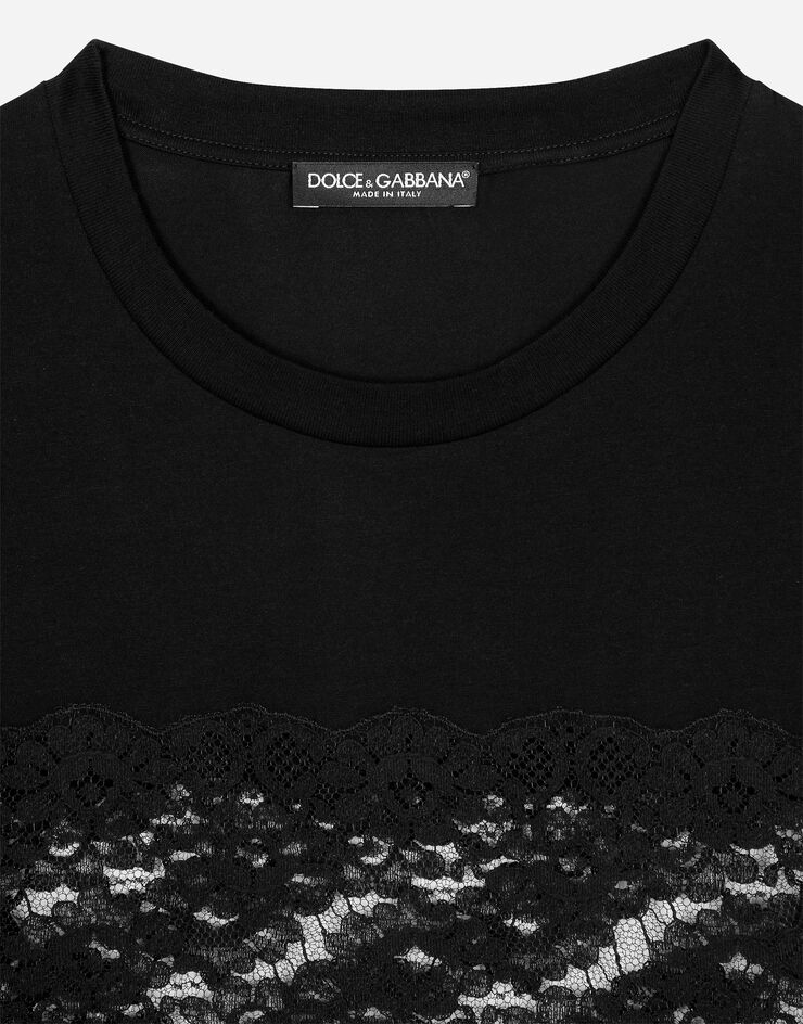 Dolce&Gabbana T-Shirt aus Jersey mit Einsätzen aus Spitze und Dolce&Gabbana-Plakette Schwarz F8T43TFU7EQ