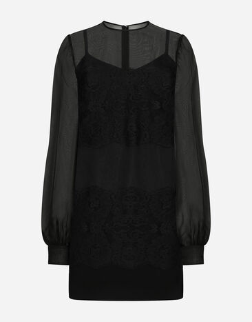 Dolce & Gabbana Kurzes Kleid aus Organza mit Spitzeneinsatz Schwarz F6JNETFU1BU