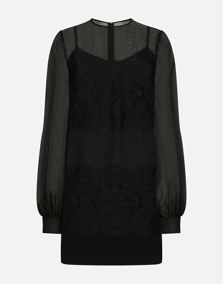 Dolce & Gabbana Robe courte en organza avec intarsias en dentelle Noir F6JNETFU1BU