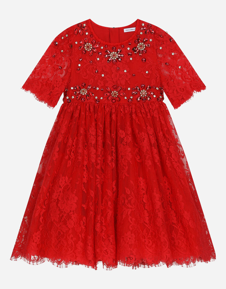 Dolce & Gabbana Vestido de encaje Chantilly y piedras Rojo L53DQ9G7K3M