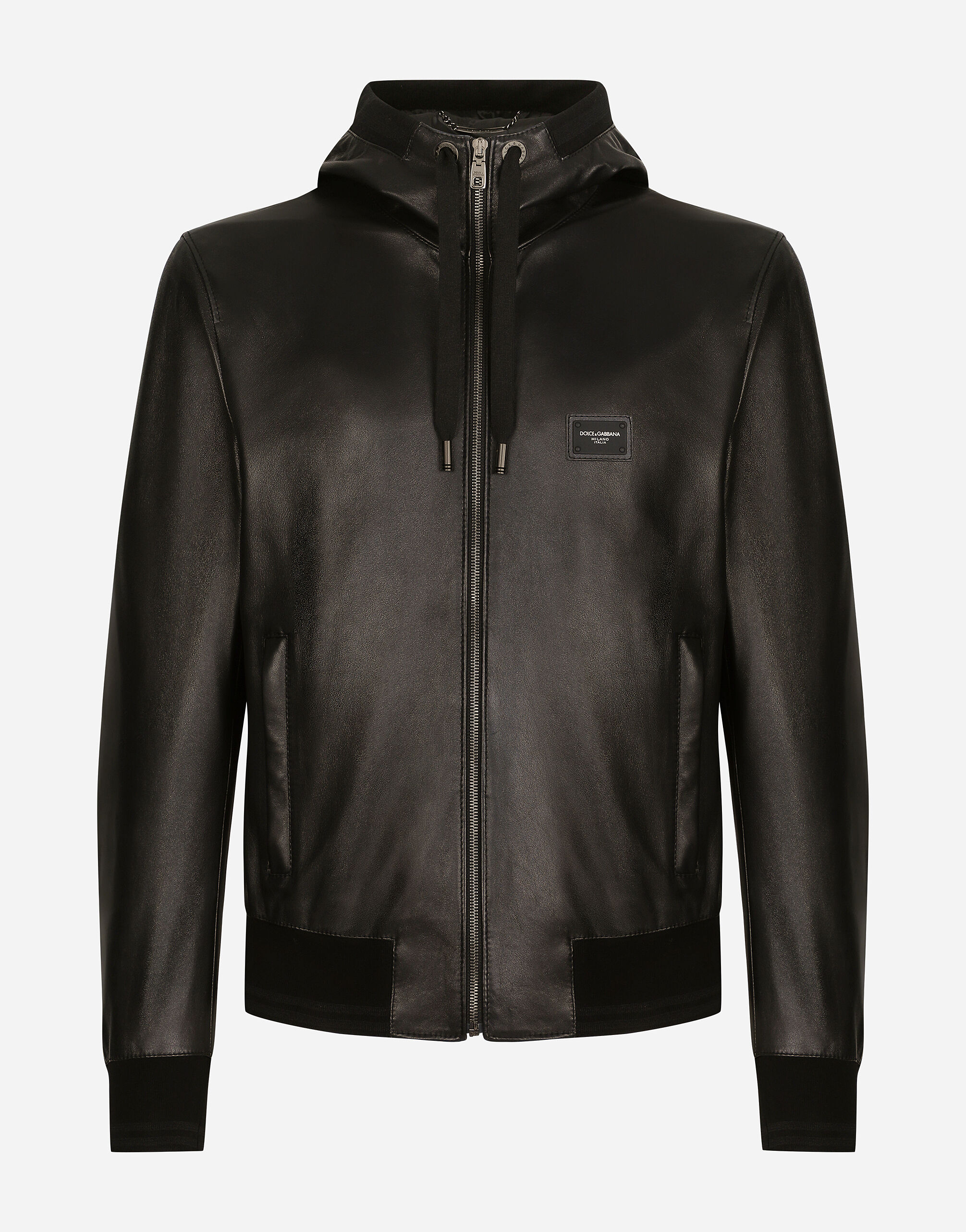 Leather jacket with hood and branded tag in Black for 