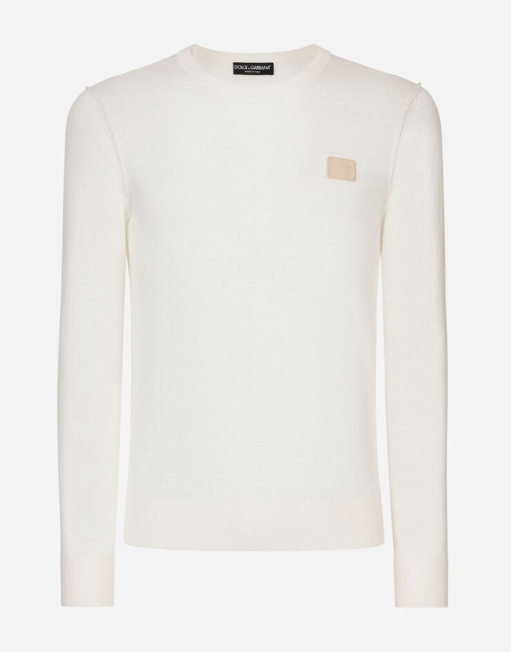 Dolce & Gabbana Jersey de cuello redondo de lino con placa con logotipo Blanco GXX02TJALAN