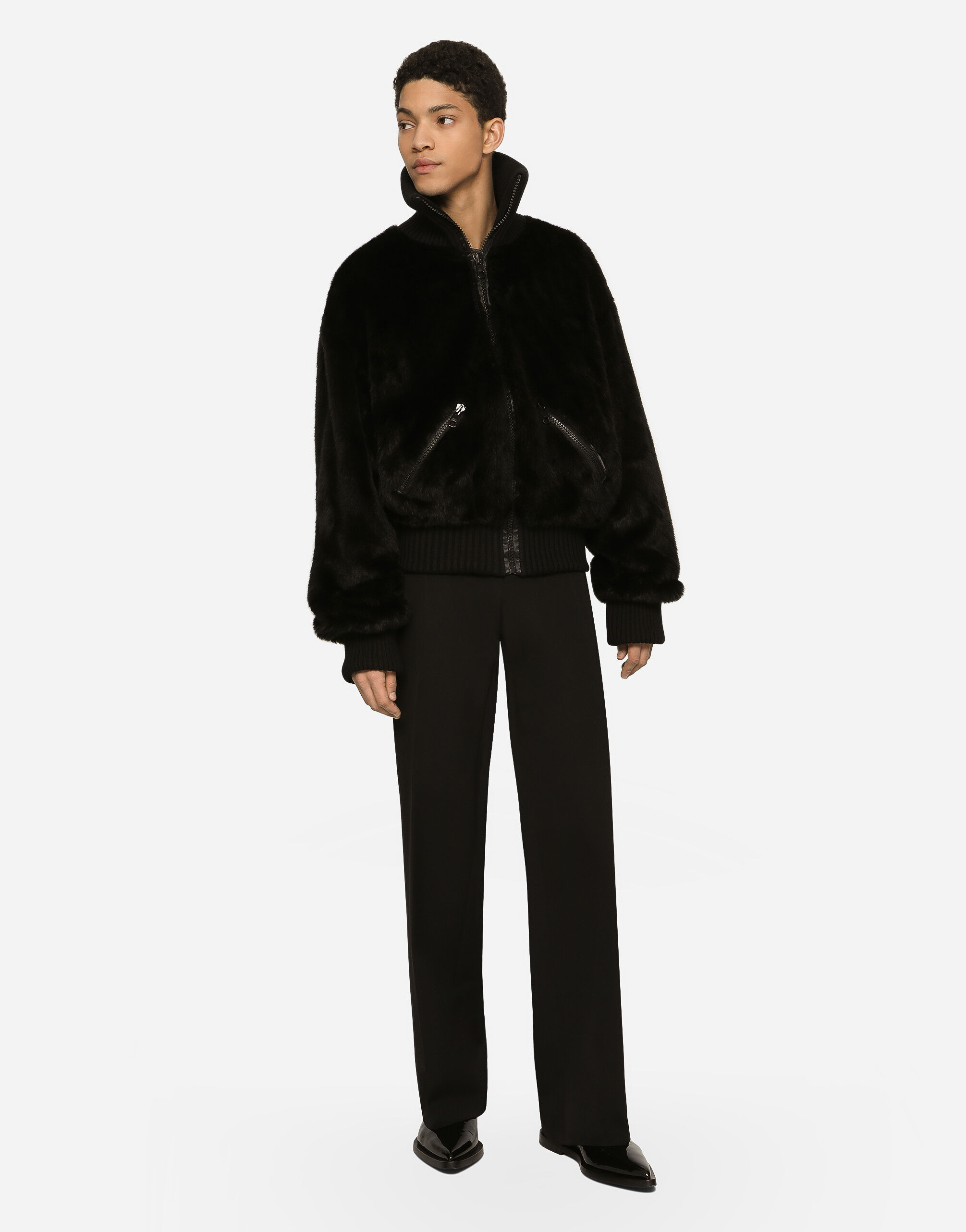 Faux fur jacket with logo tag in Black for | Dolce&Gabbana® US