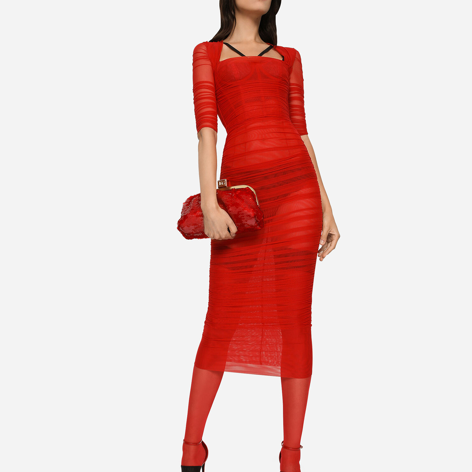 Tulle calf-length dress with draping in Red for