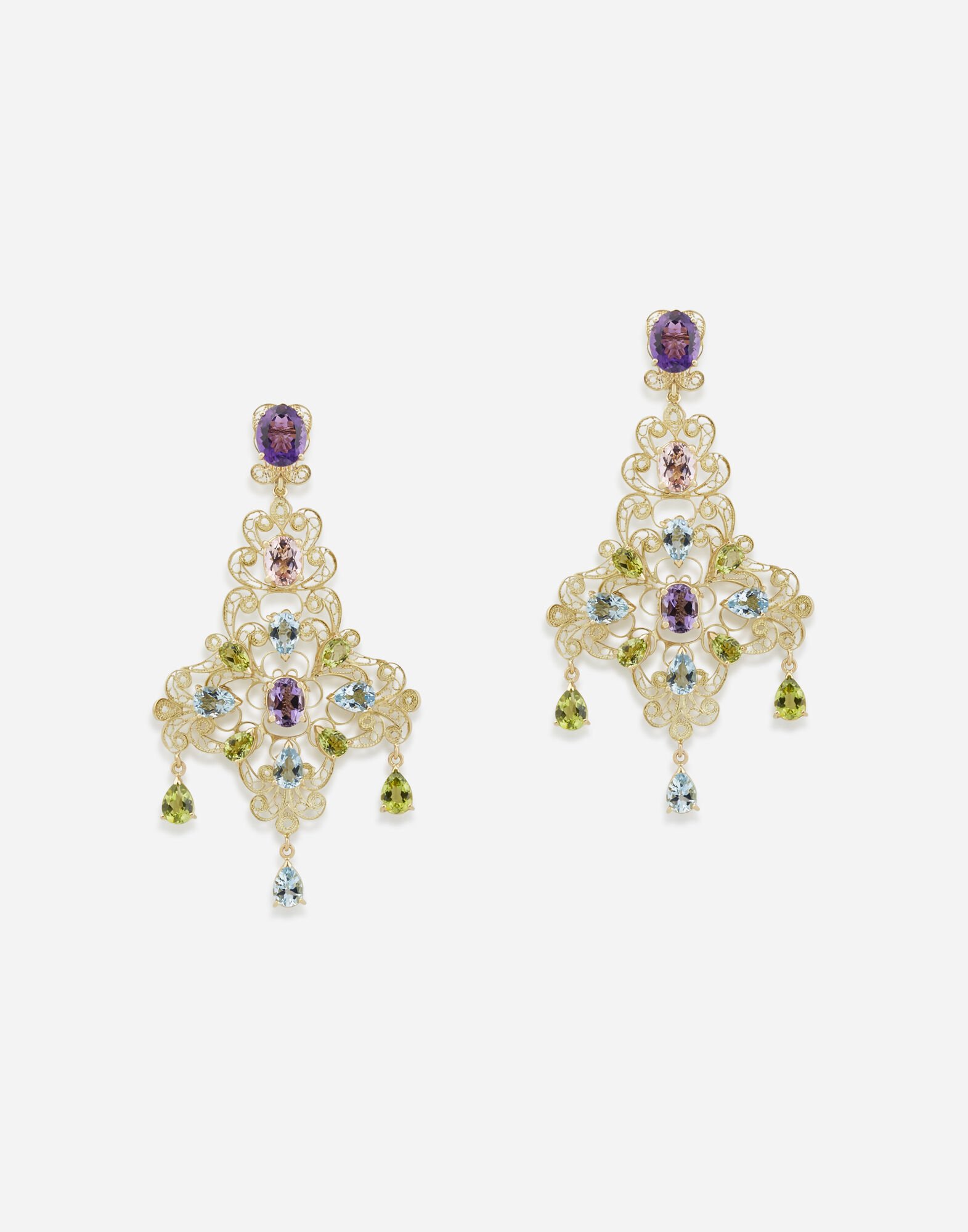 ${brand} Pizzo earrings in yellow gold filigree with amethysts, aquamarines, peridots and morganites ${colorDescription} ${masterID}