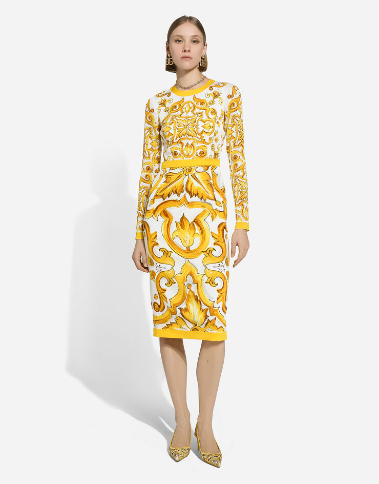 Dolce & Gabbana 마욜리카 프린트 샤르뫼즈 미드카프 시스 드레스 인쇄 F6ZJ7THPABK