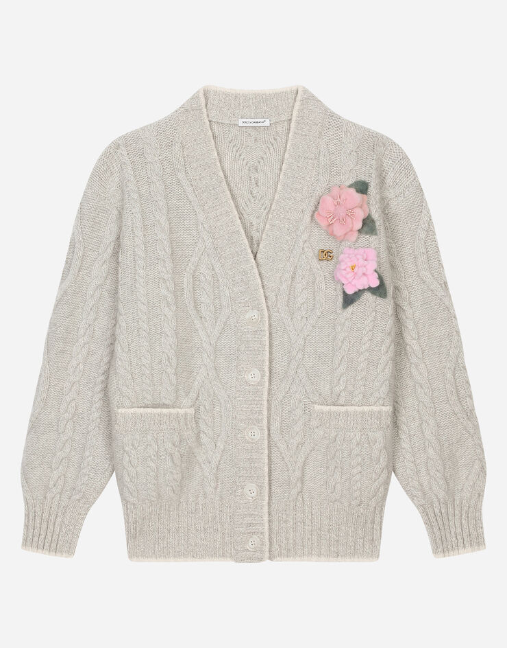 Dolce & Gabbana Strickcardigan im Zopfmuster mit Blumen und DG-Logo Mehrfarbig L5KWH3JFMJA