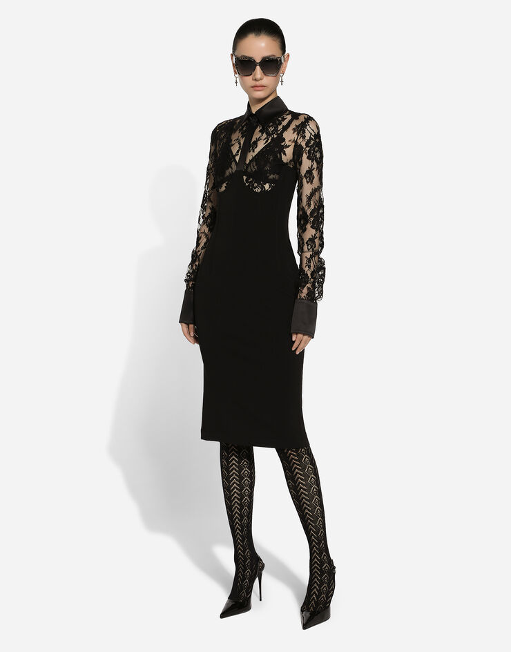 Dolce & Gabbana Calf-length jersey and lace dress with corset details Black F6JFZTGDCH0