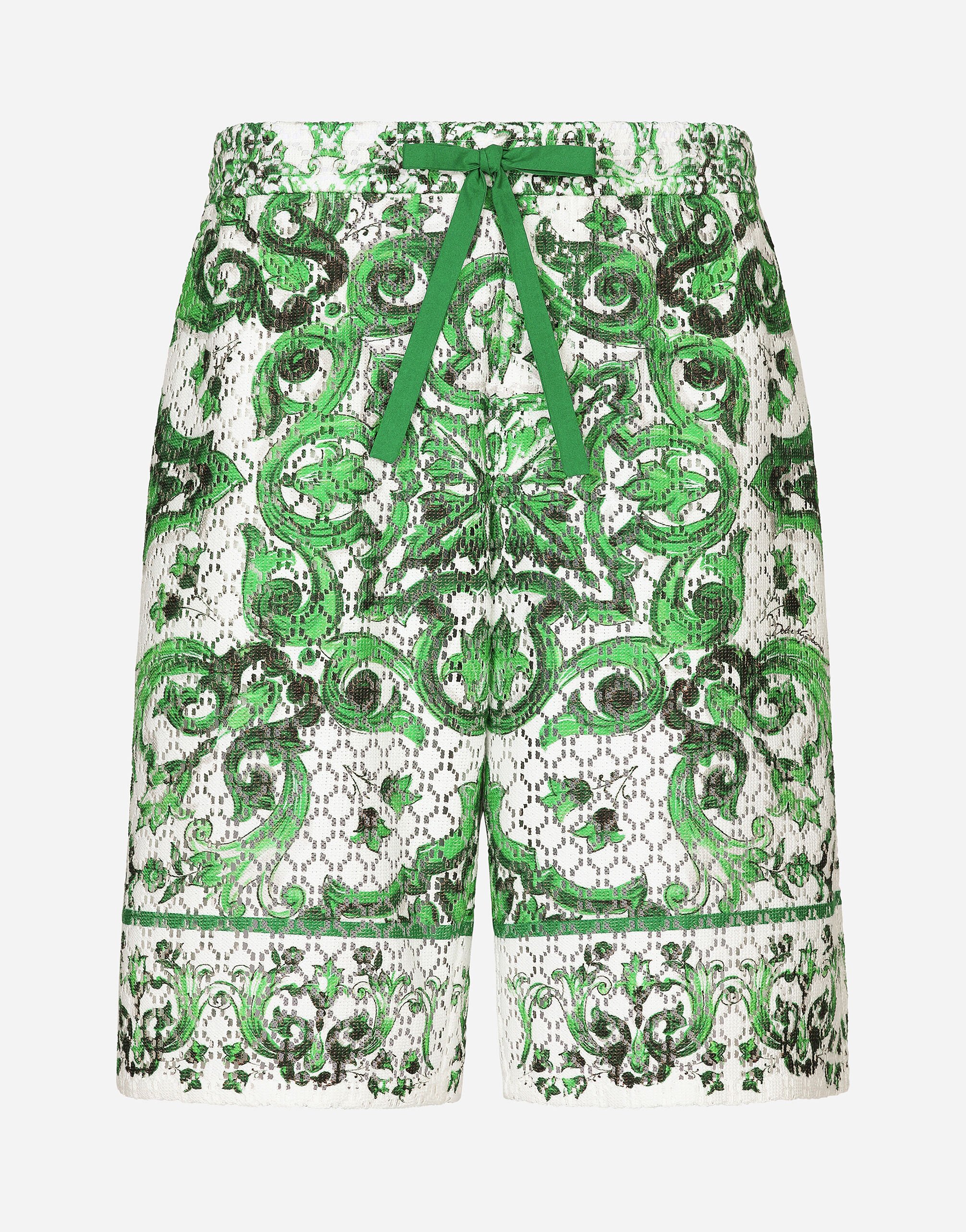 Dolce & Gabbana Crochet lace jogging shorts with majolica print Beige G9AVETGH485