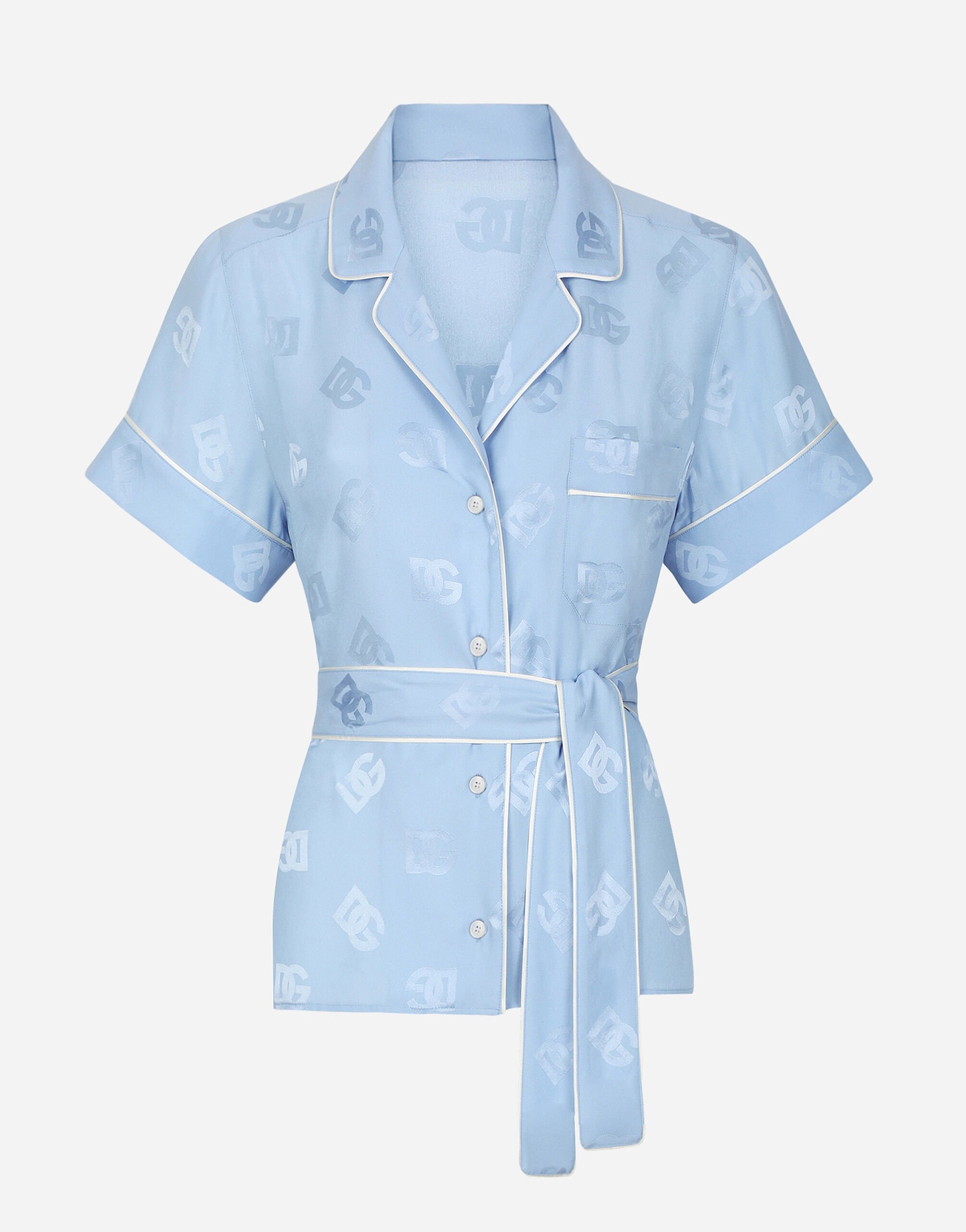 ${brand} Short-sleeved silk satin jacquard pajama shirt with DG logo ${colorDescription} ${masterID}