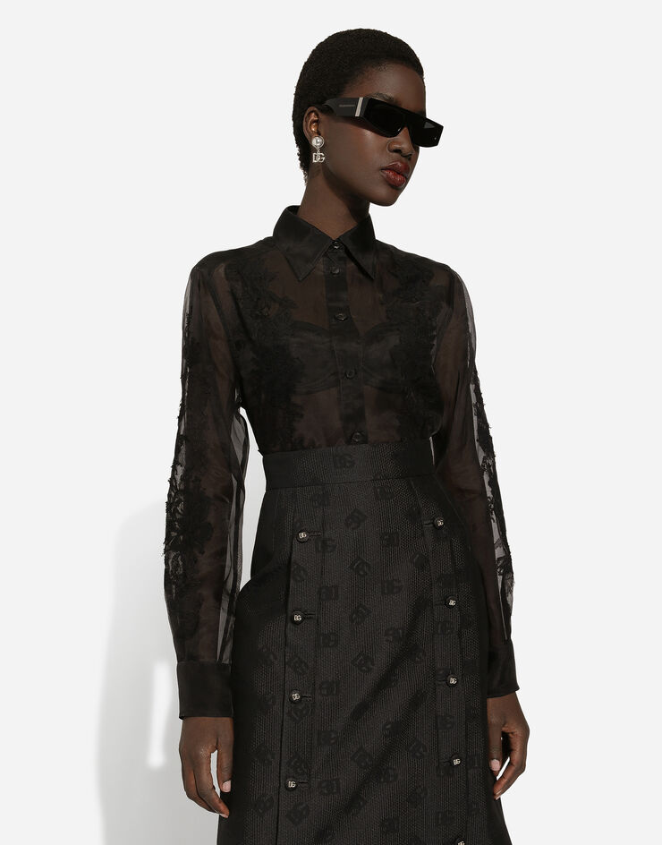 Dolce & Gabbana Organza shirt with lace appliqués Black F5R38TFU1BU