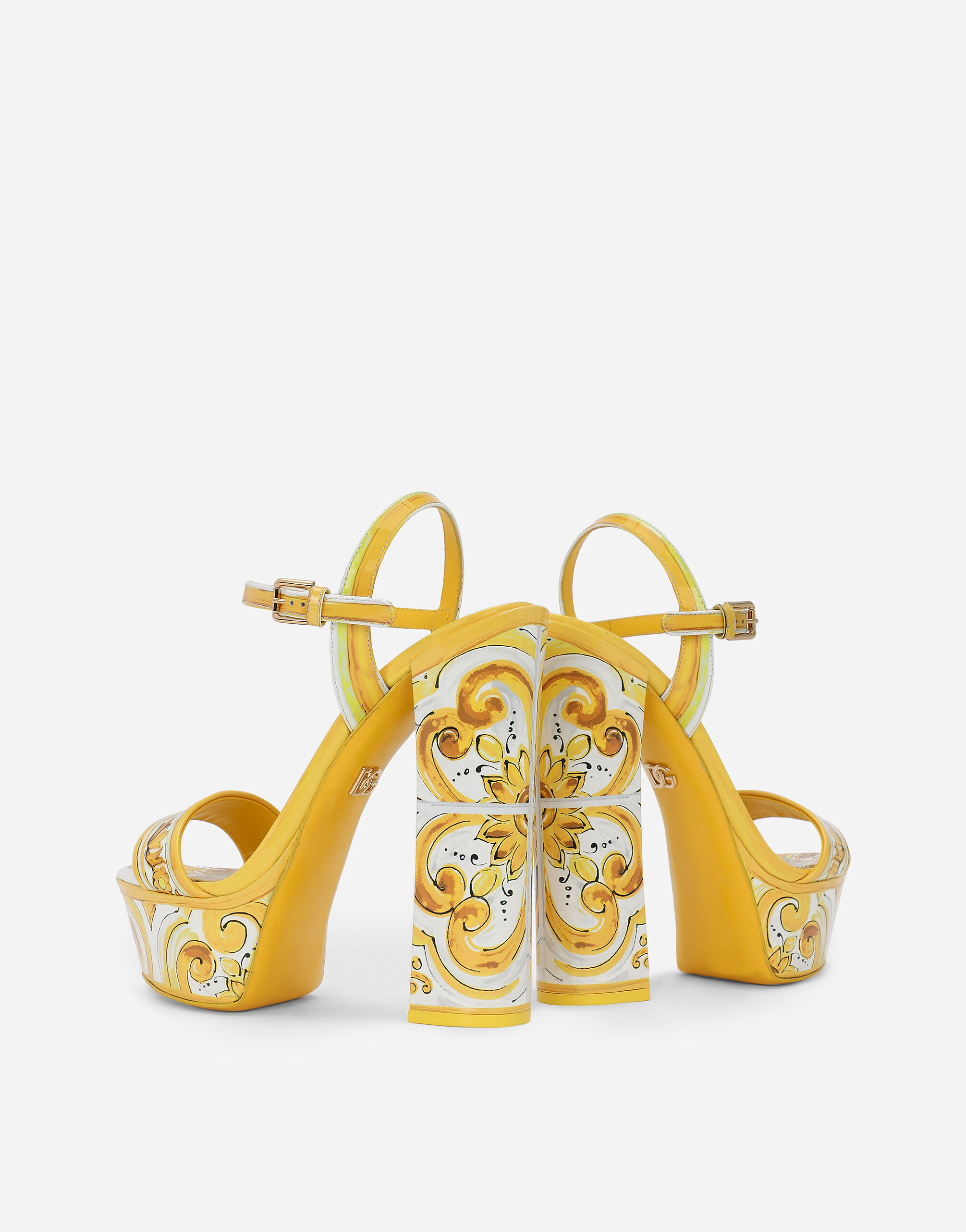 Dolce u0026 Gabbana Polished calfskin platform sandals with majolica print  female Yellow