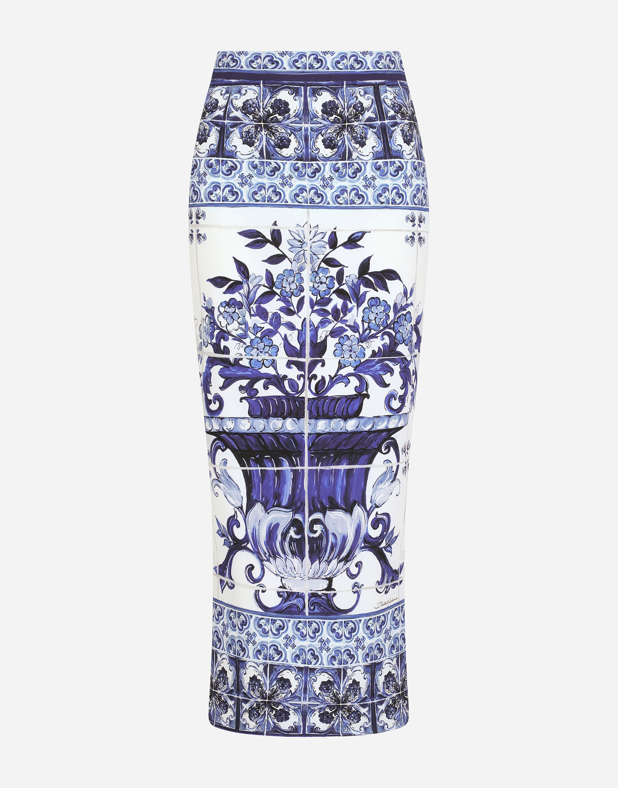 ${brand} Majolica-print charmeuse calf-length skirt with slit ${colorDescription} ${masterID}