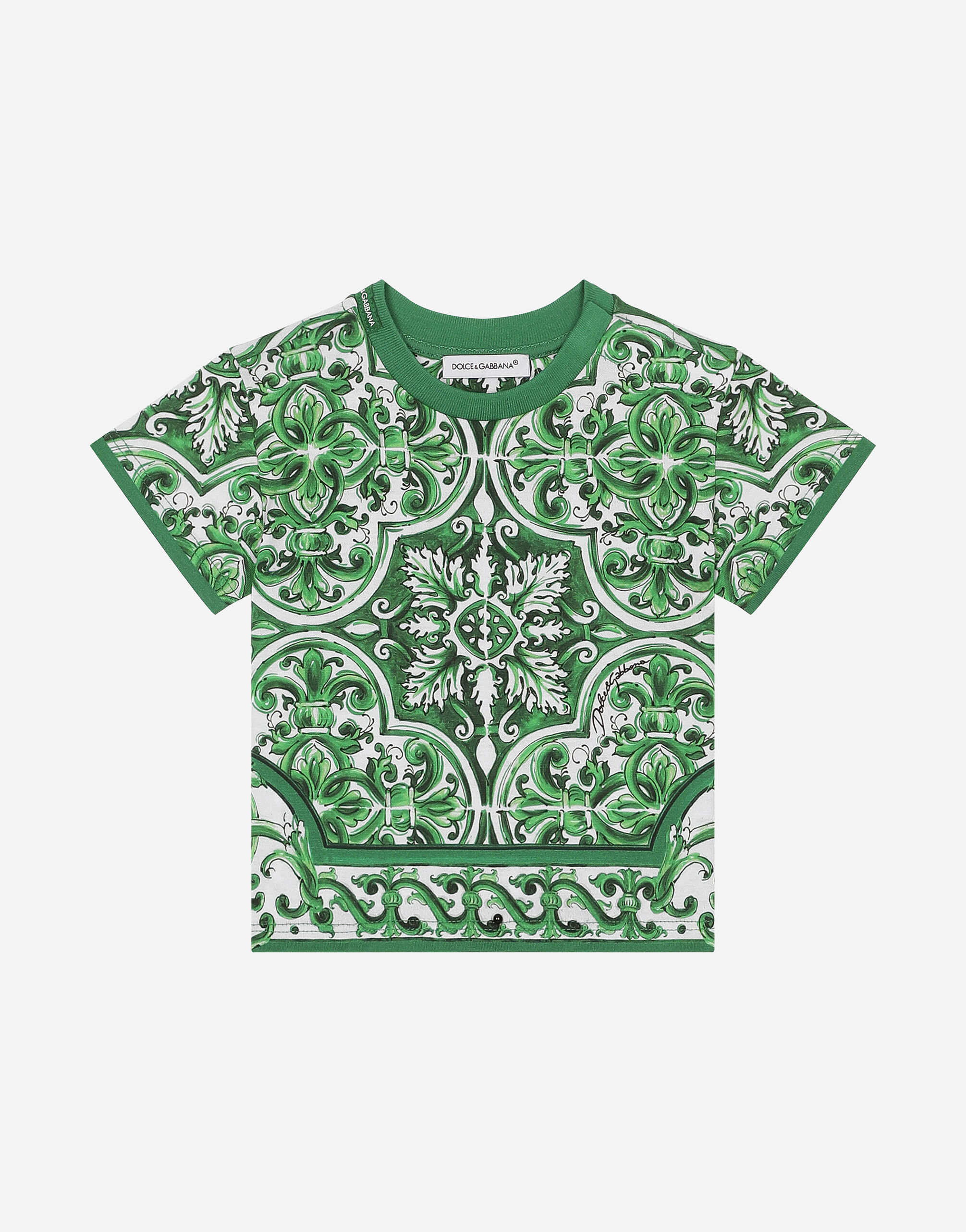 ${brand} Jersey T-shirt with all-over green majolica print ${colorDescription} ${masterID}