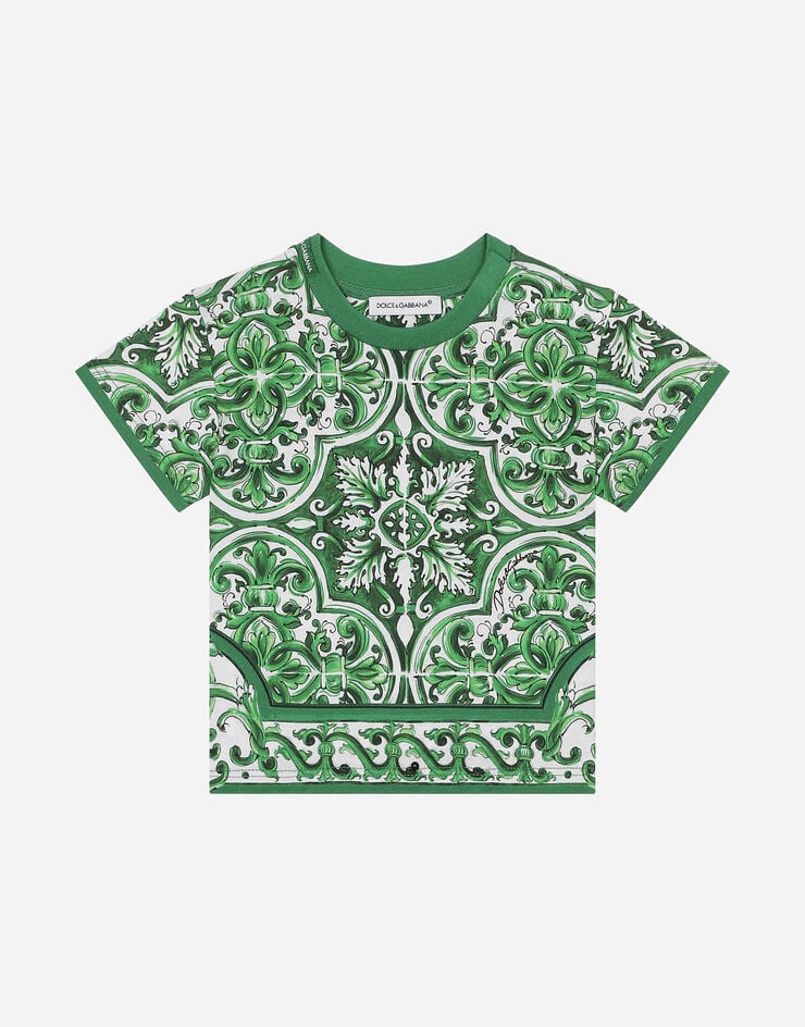 Dolce & Gabbana T-shirt in jersey con stampa maiolica verde allover Stampa L1JTEYII7ED