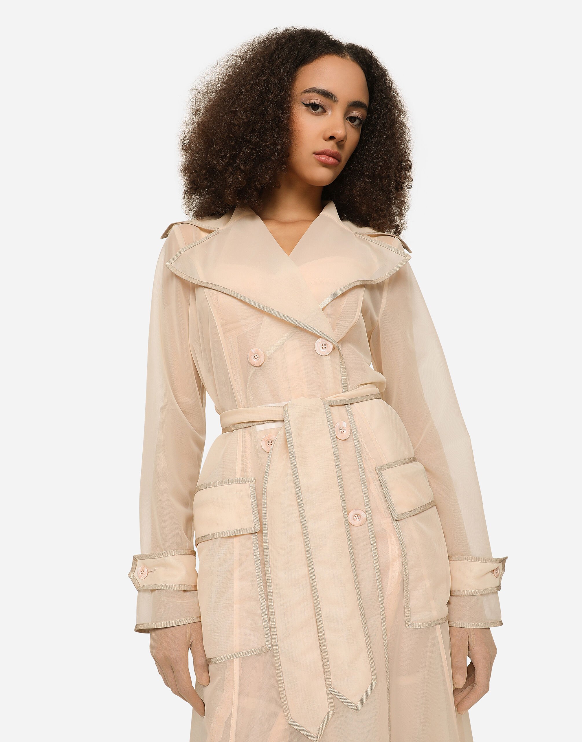 KIM DOLCE&GABBANA Marquisette trench coat with belt in Pale Pink 