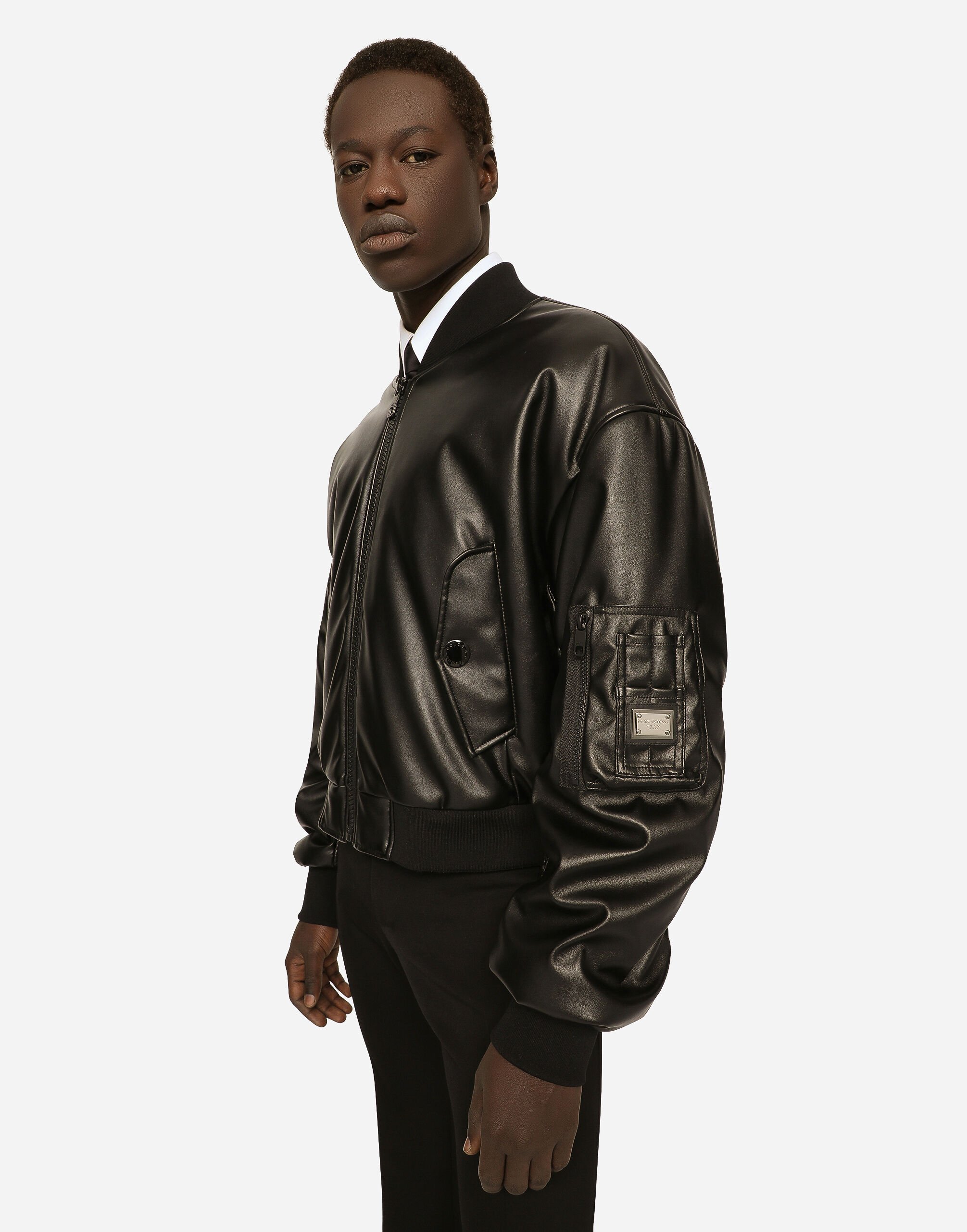 Faux leather jacket with logo tag in Black for | Dolce&Gabbana® US