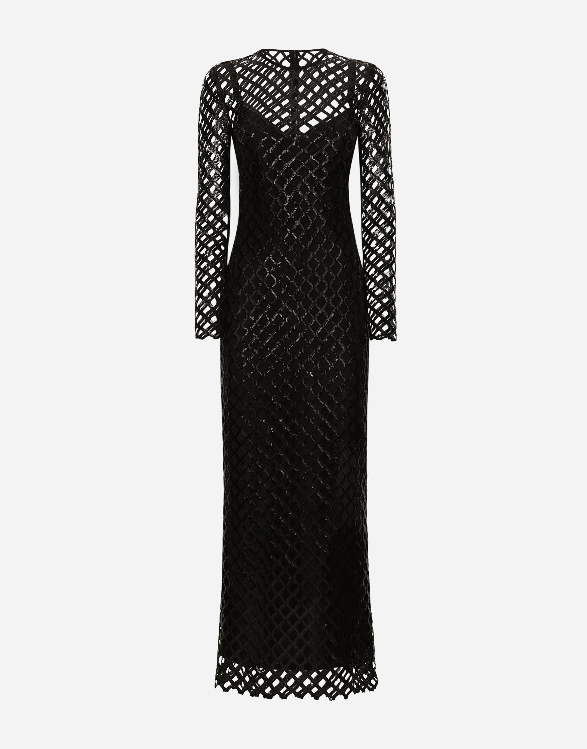Dolce&Gabbana فستان شبكي طويل بترتر أسود F6DKITFU1AT