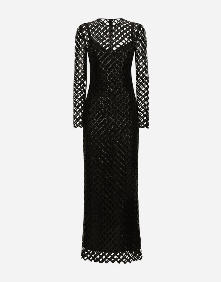 Dolce & Gabbana Robe longue en mesh brodée de paillettes Noir F6DFDTFLSIO