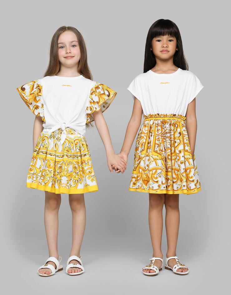 Dolce & Gabbana فستان بوبلين وجيرسي بطبعة ماجوليكا صفراء مطبعة L5JD9AG7NRJ
